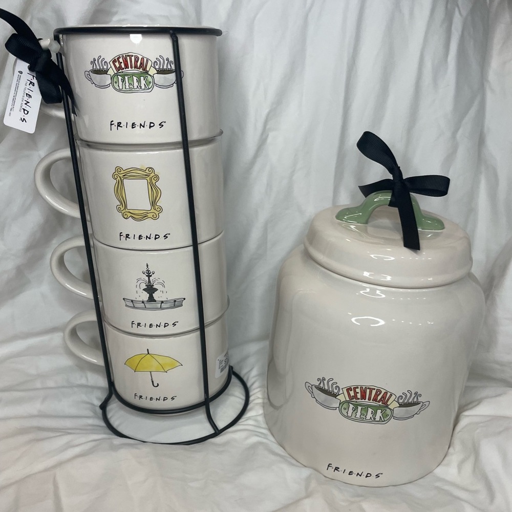 Rae Dunn FRIENDS Central Perk Coffee Canister & 4 Stacked Coffee Tea Mugs